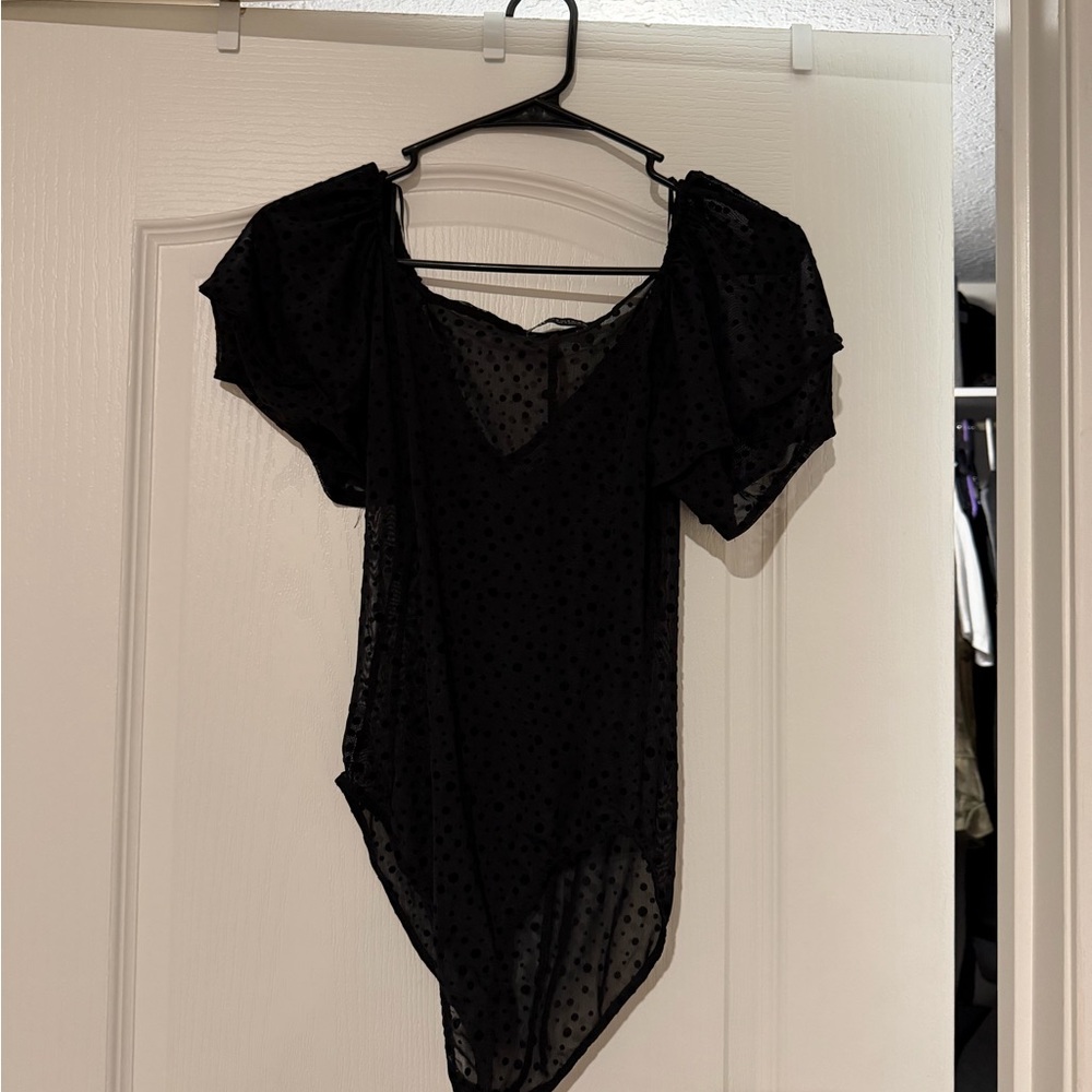 Zara Black Sheer Dot Puff-Sleeve Bodysuit